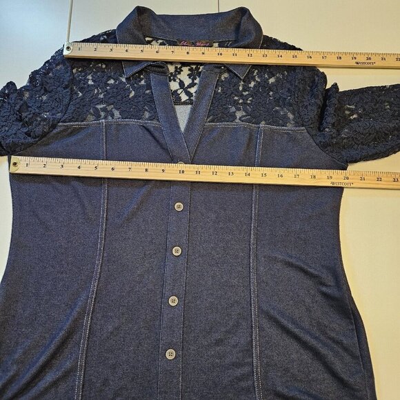 Elena Wang Top Womens L Indigo LS Lace Pullover Chambray Stretch Boho Whimsigoth - Picture 4 of 13